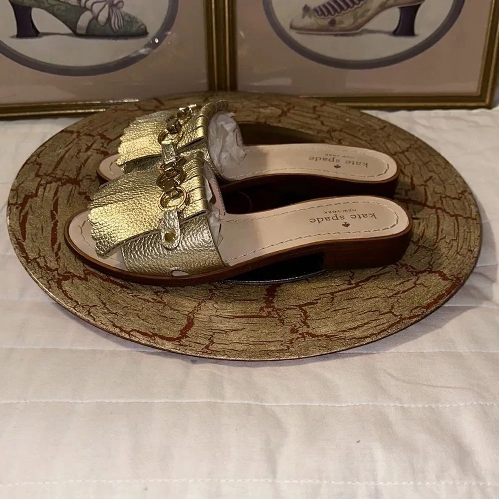 kate spade 6 Brie Kilkie Gold Metallic Leather Slides Sandals - Picture 6 of 16